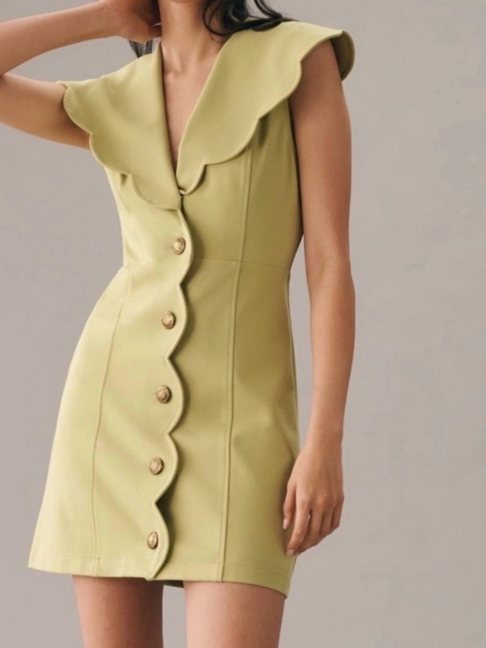 Maeve Scallop-Trim Midi Dress in Light Olive